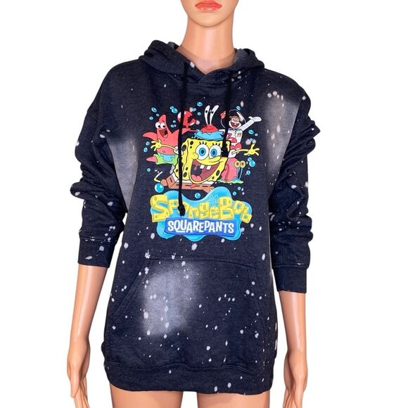 SpongeBob SquarePants Black Burnout Hoodie Adult Size Medium Drawstring Hood - Picture 1 of 5